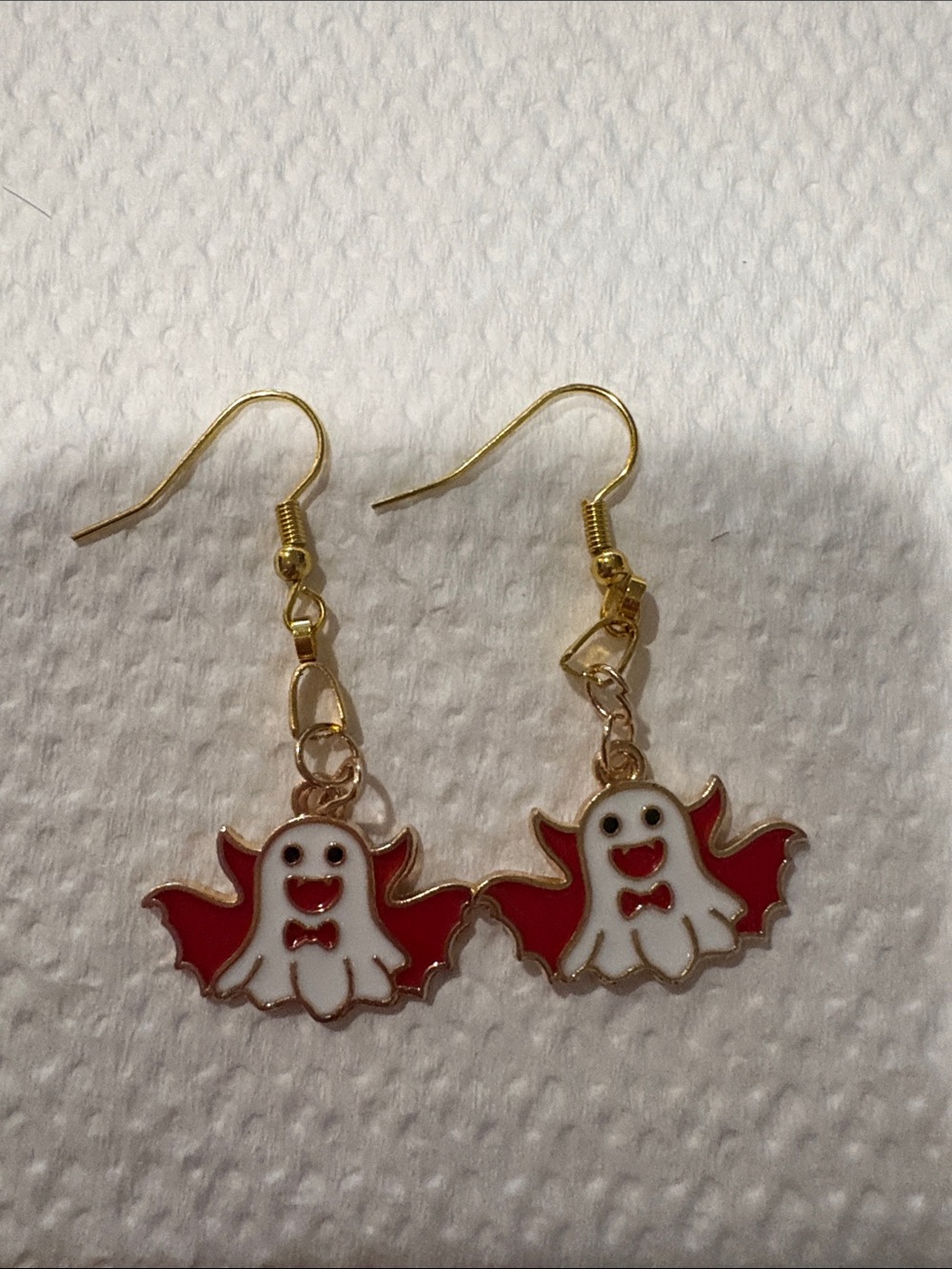 Cute Ghost Bat Dangle Earrings - White and Red